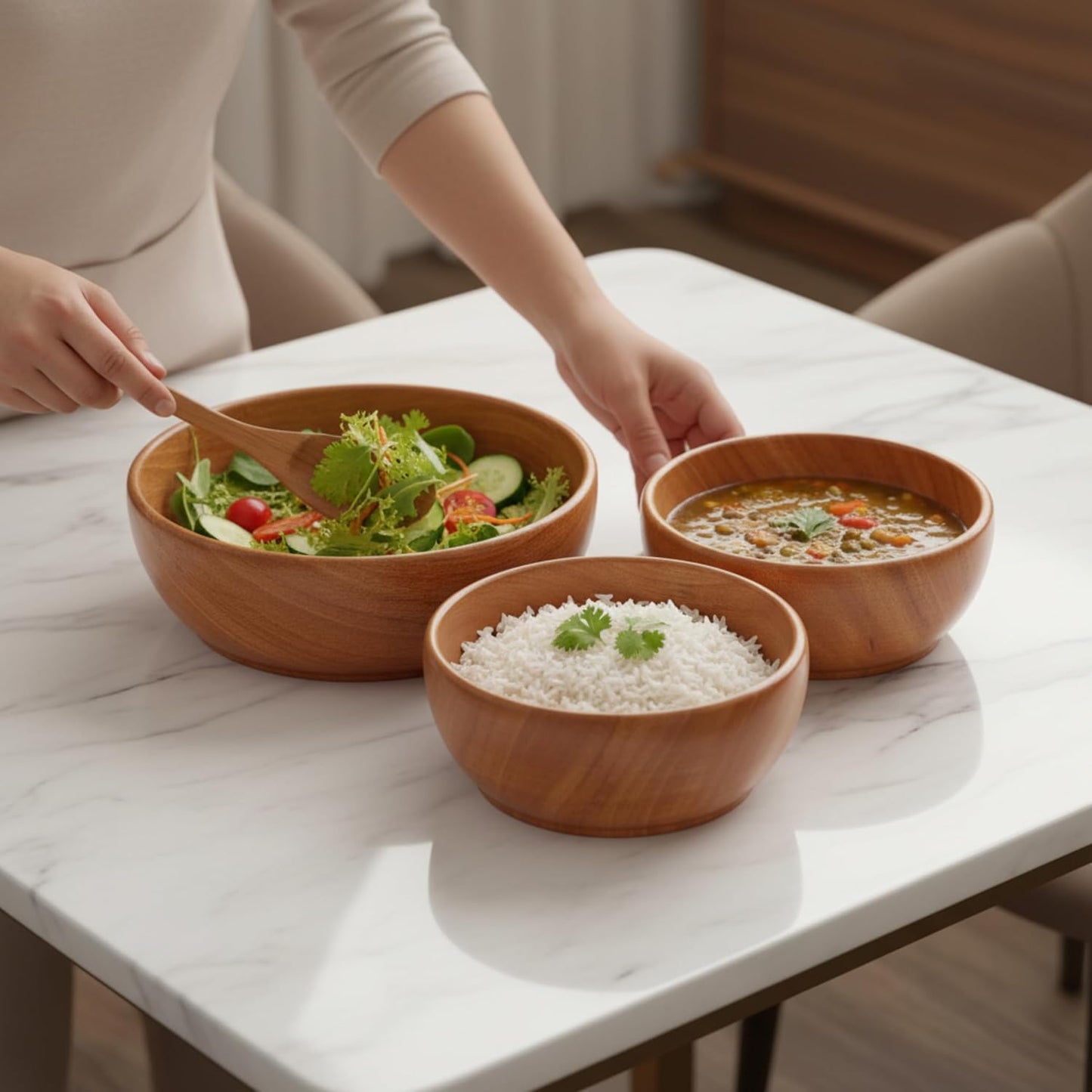 Premium Mahogany Wooden Bowl (6 Inch) – Food Safe Salad & Fruit Bowl for Dining Table