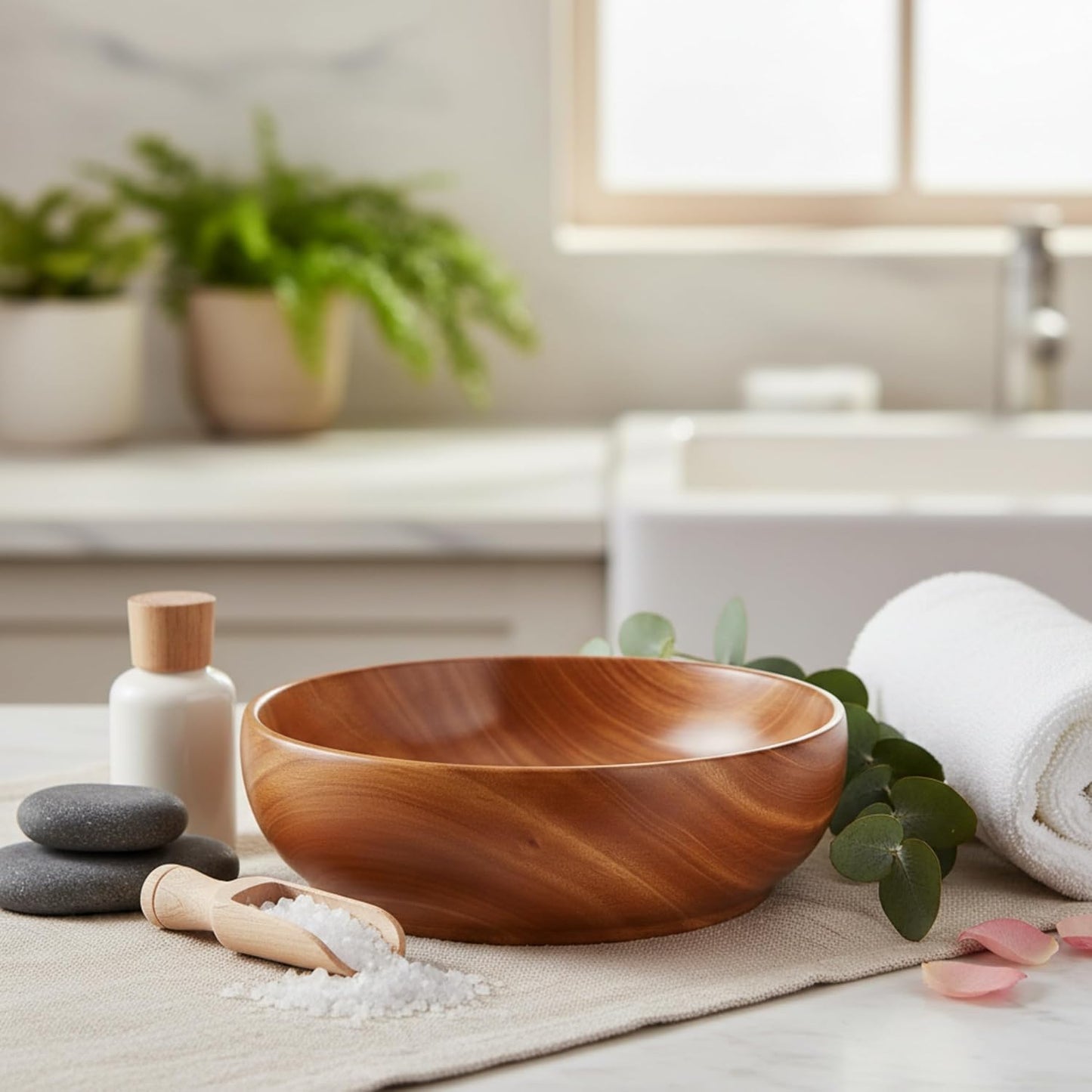Premium Mahogany Wooden Salad Bowl (10 Inch) | Large Serving Bowl for Fruits, Rice & Face Ice Dipping