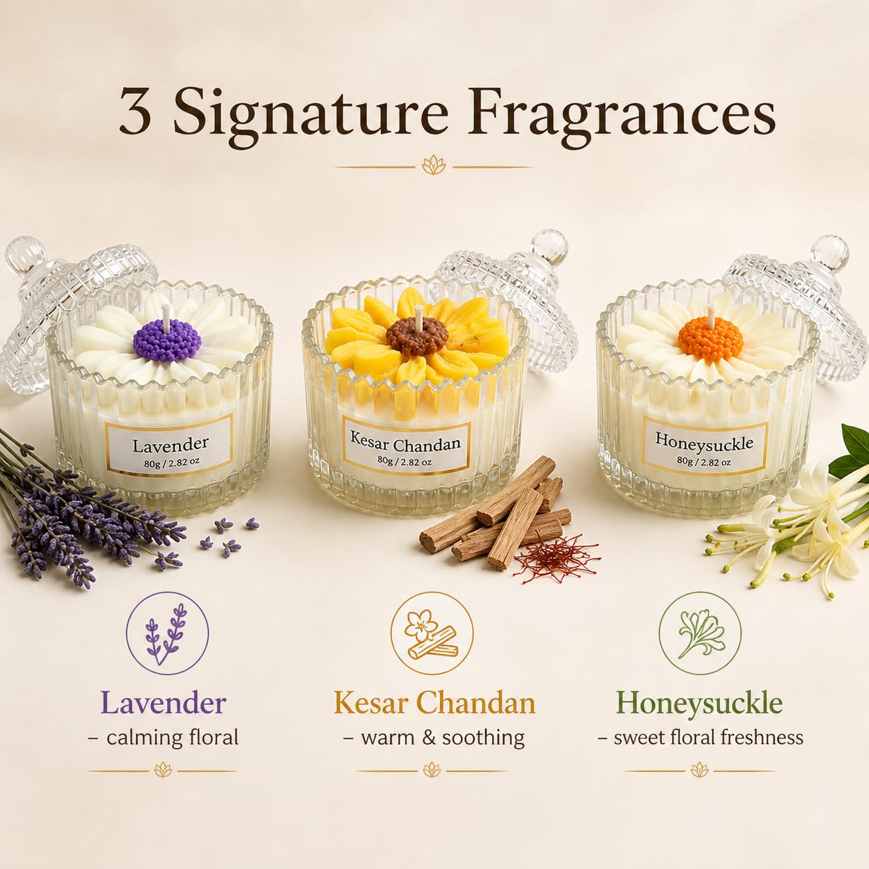 Scented Candles Gift Set of 3 | Lavender, Sandalwood & Honeysuckle | 3x80g Jar Candle | Fragrance Candles for Home Decor | Birthday Anniversary Gifting Hamper | Aromatherapy (Pack of 3)