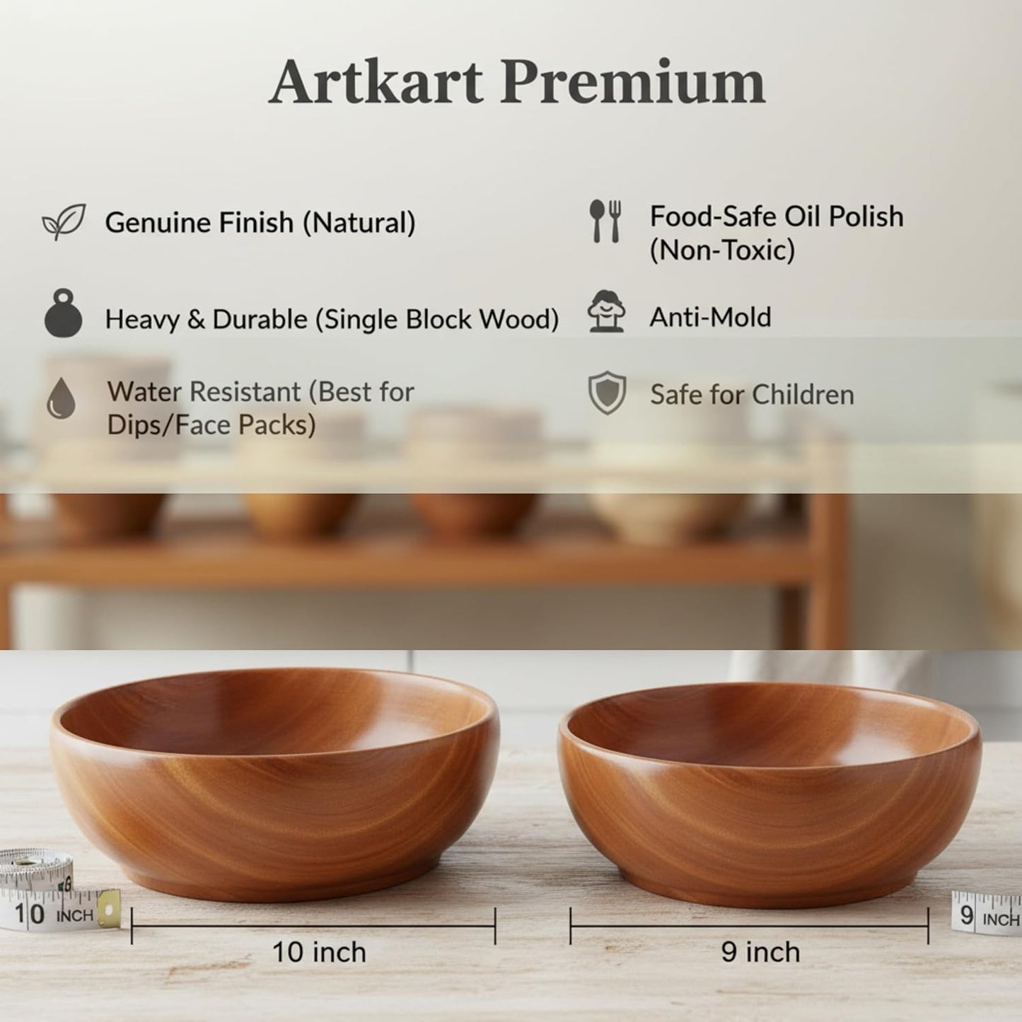 Premium Mahogany Wooden Salad Bowl (10 Inch) | Large Serving Bowl for Fruits, Rice & Face Ice Dipping