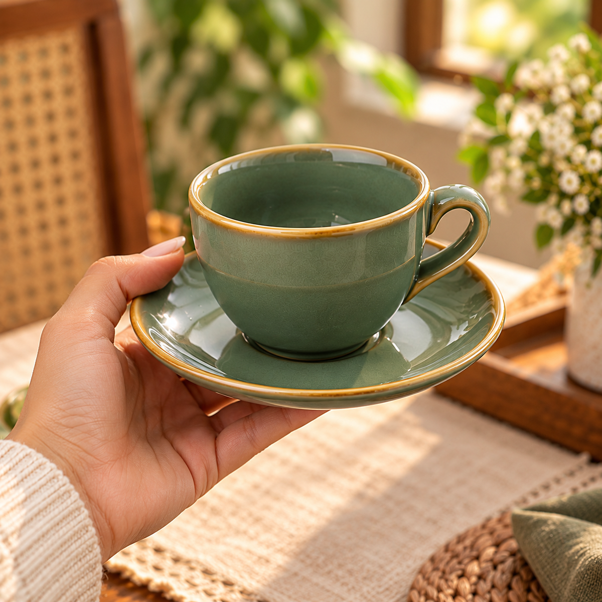Ceramic Tea Cup & Saucer Set of 6 – Sage Green with Golden Rim
