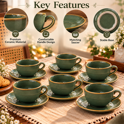 Ceramic Tea Cup & Saucer Set of 6 – Sage Green with Golden Rim