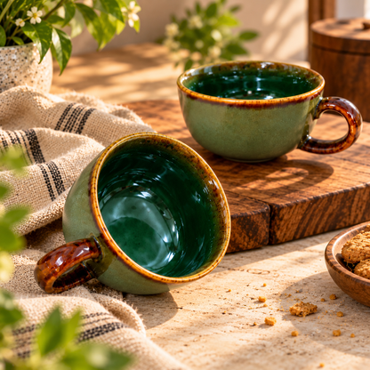 Handcrafted Ceramic Cups Set of 2 in Olive Green with Deep Green colour