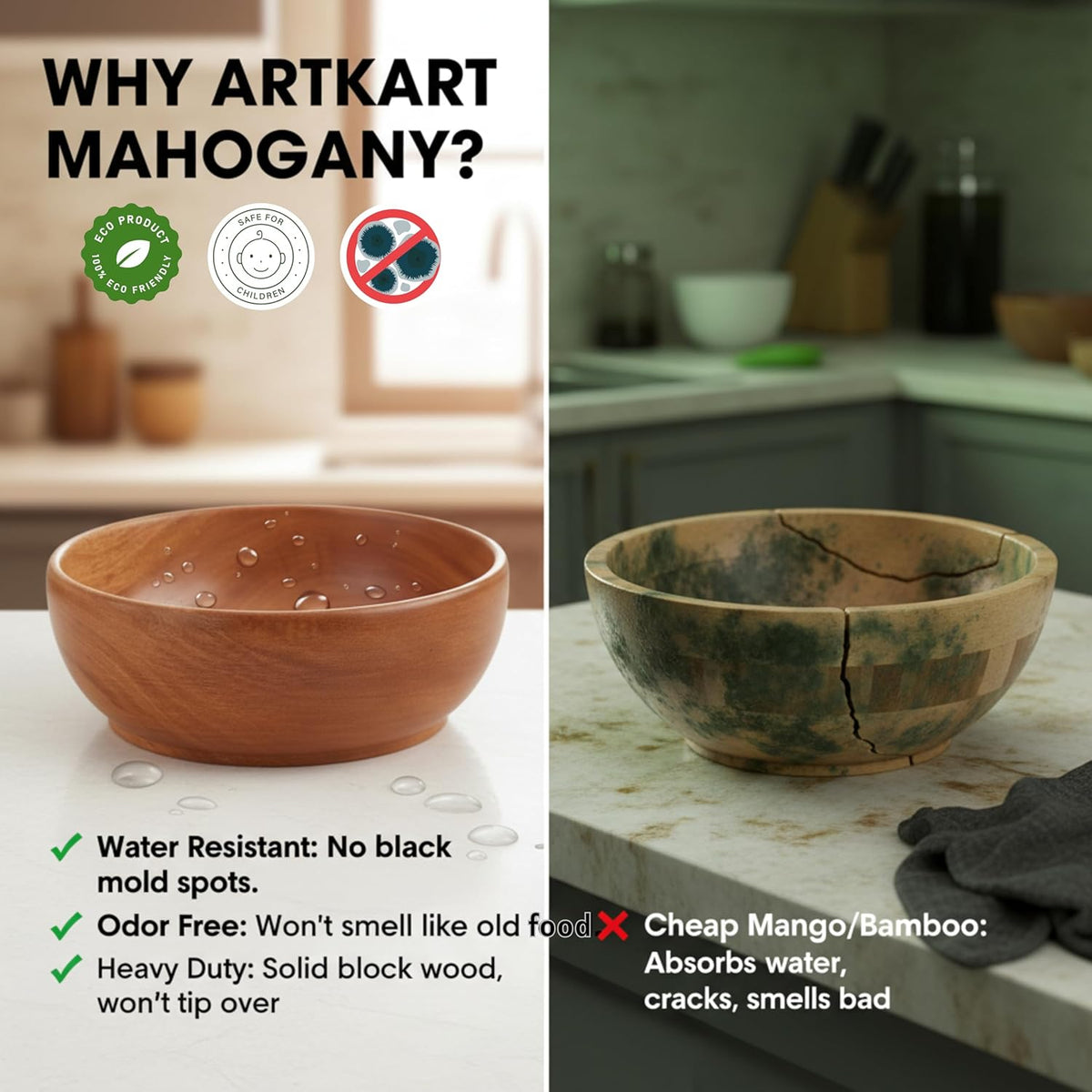 Premium Mahogany Wooden Bowl (6 Inch) – Food Safe Salad & Fruit Bowl for Dining Table