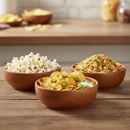 Mahogany Wooden Sharing Snack Bowl (7 Inch) | Deep Serving Bowl for Popcorn, Chips, Nachos & Bhel Puri