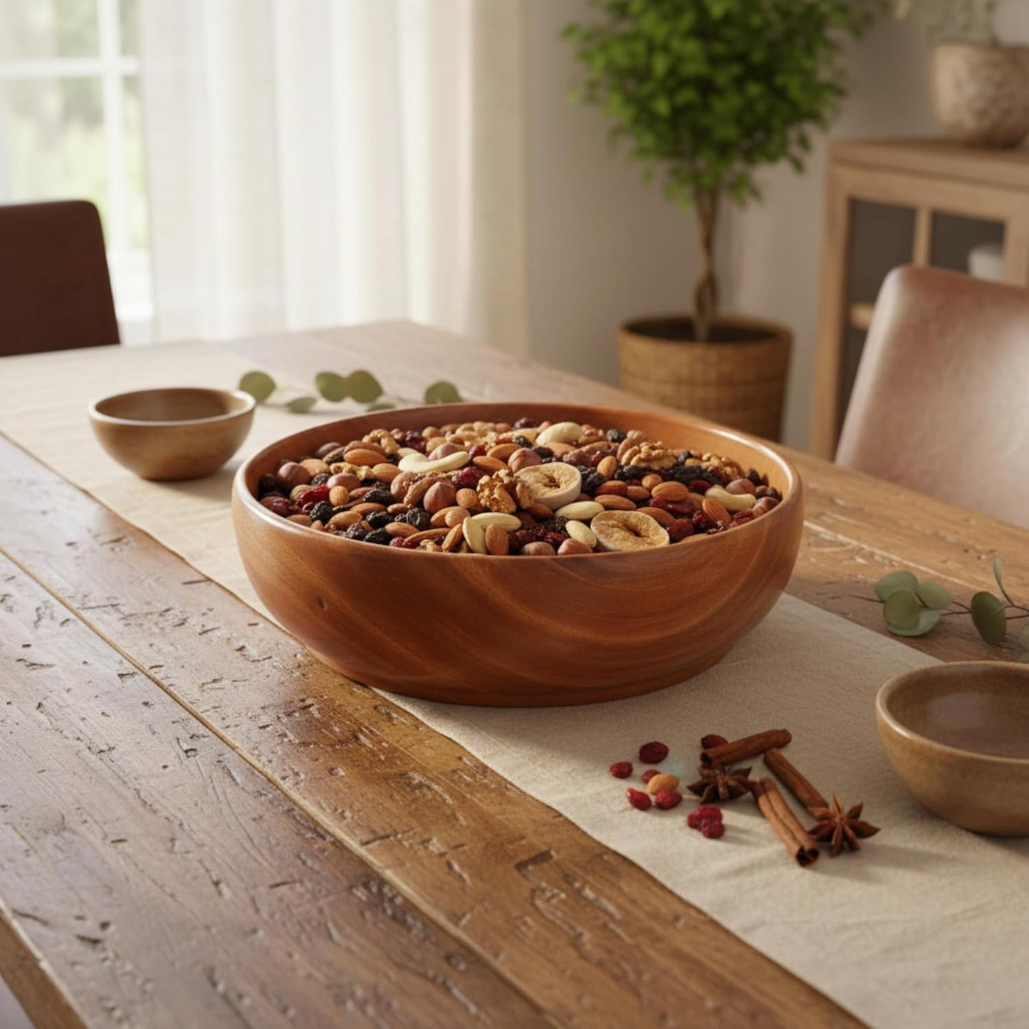 Premium Mahogany Wooden Bowl (9 Inch) | Large Centerpiece for Fruits, Salad & Face Ice Dipping