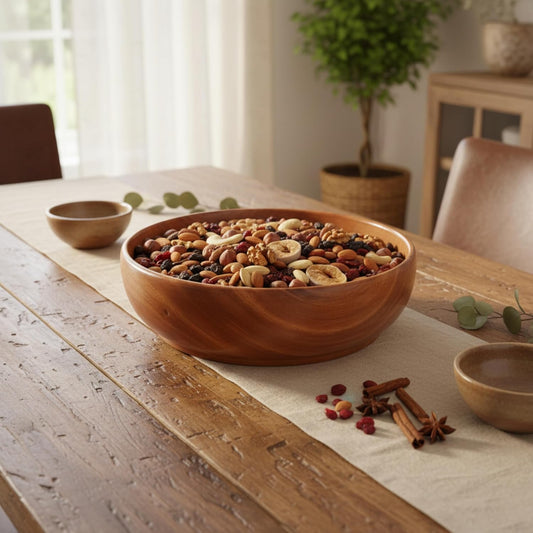 Premium Mahogany Wooden Bowl (9 Inch) | Large Centerpiece for Fruits, Salad & Face Ice Dipping