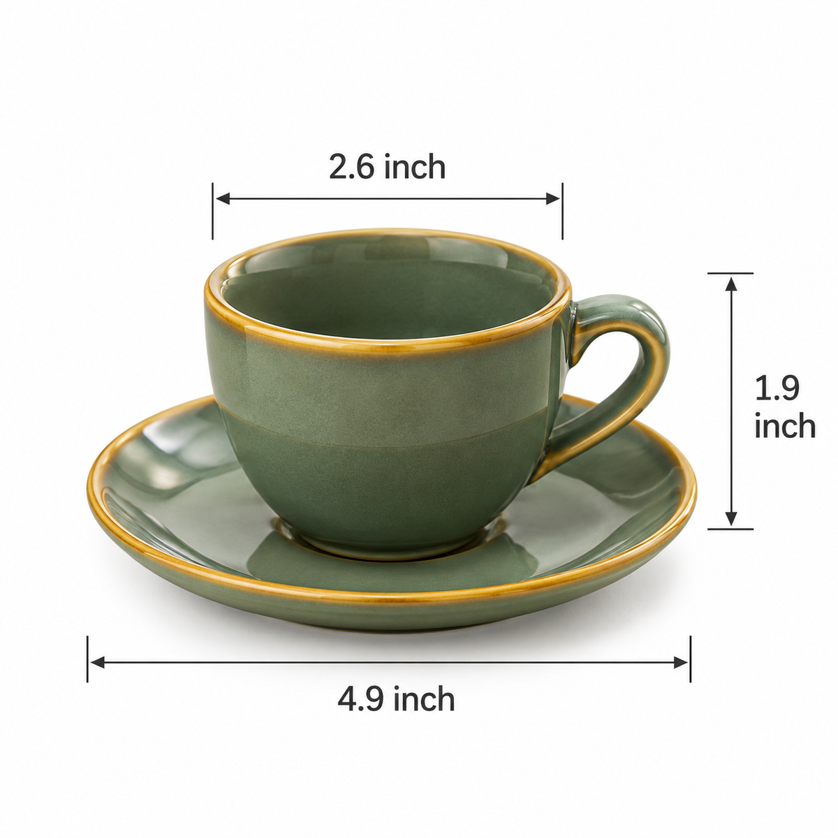 Ceramic Tea Cup & Saucer Set of 6 – Sage Green with Golden Rim