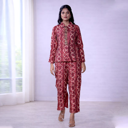 Women's Printed Cotton Co-ord Set with Embroidered Shirt