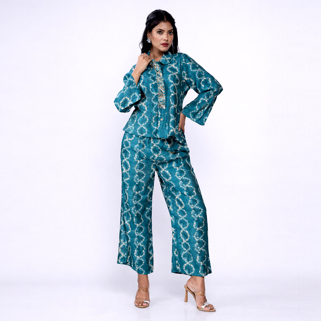 Printed Cotton Co-ord Set | Embroidered Top with Wide-Leg Pants