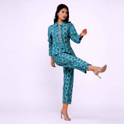 Printed Cotton Co-ord Set | Embroidered Top with Wide-Leg Pants
