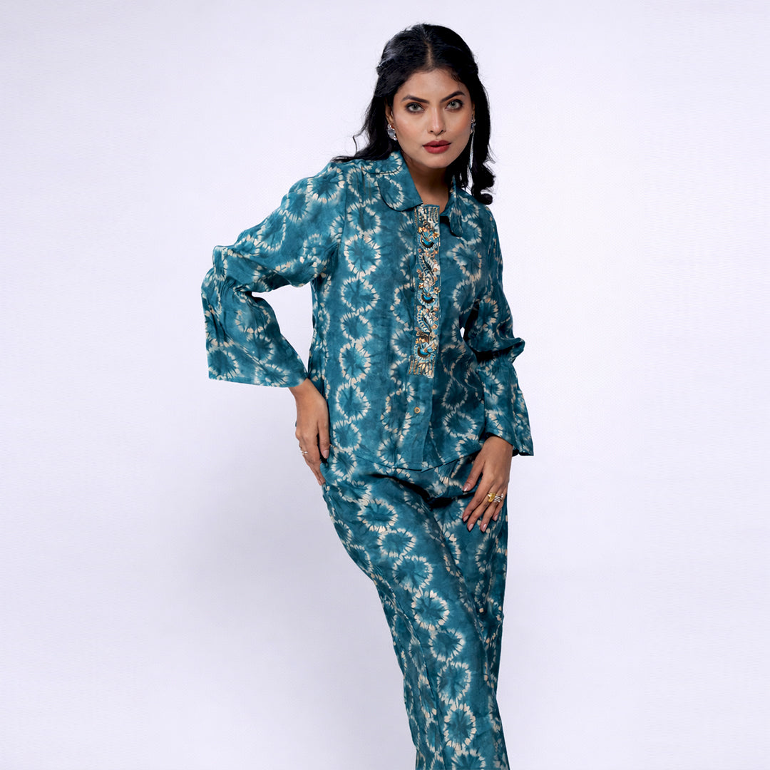 Printed Cotton Co-ord Set | Embroidered Top with Wide-Leg Pants