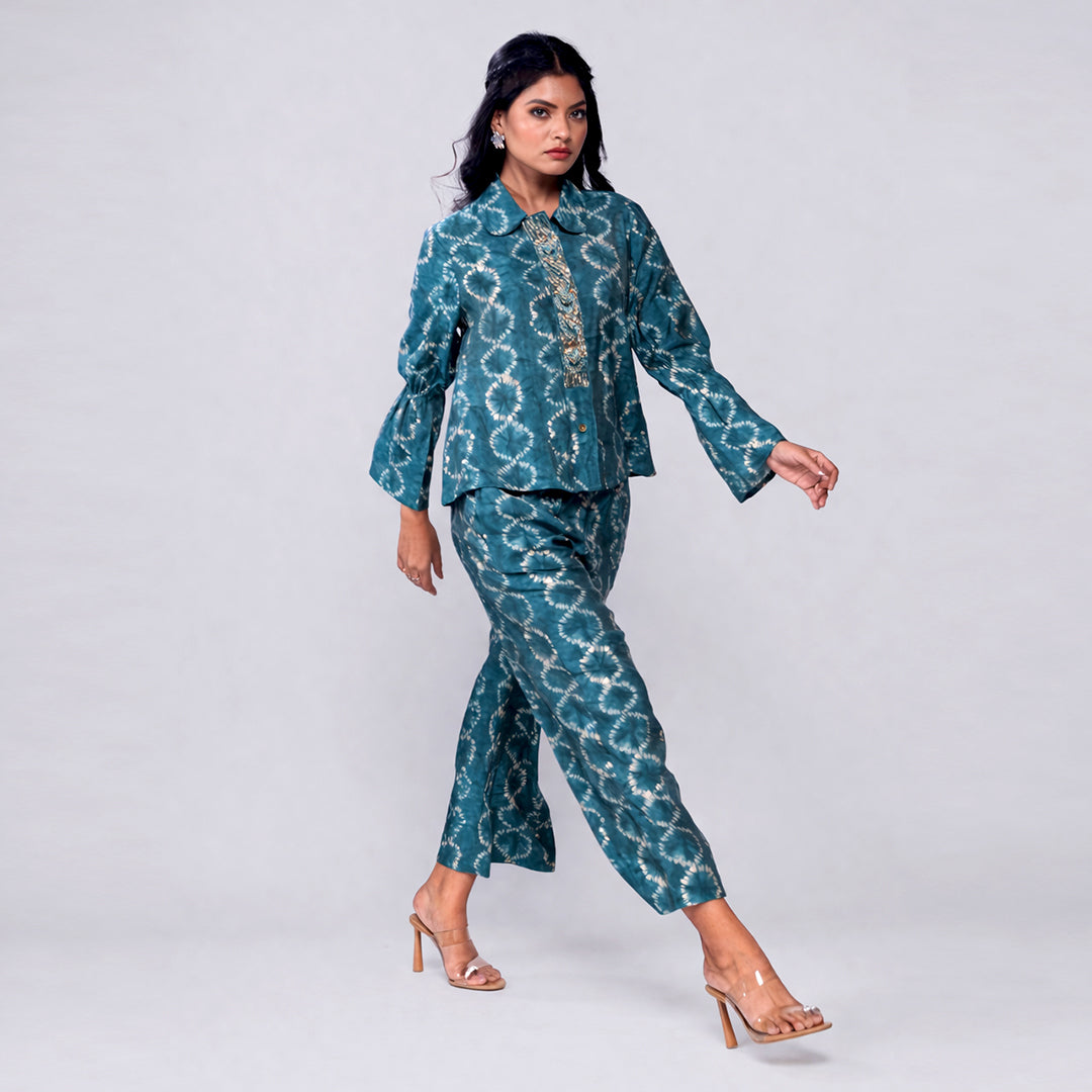 Printed Cotton Co-ord Set | Embroidered Top with Wide-Leg Pants