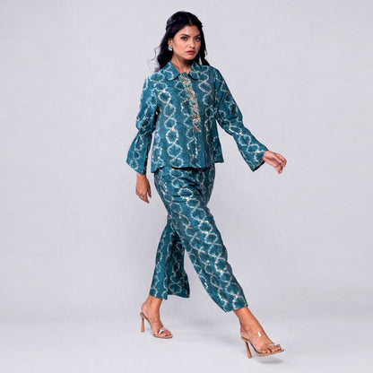 Printed Cotton Co-ord Set | Embroidered Top with Wide-Leg Pants