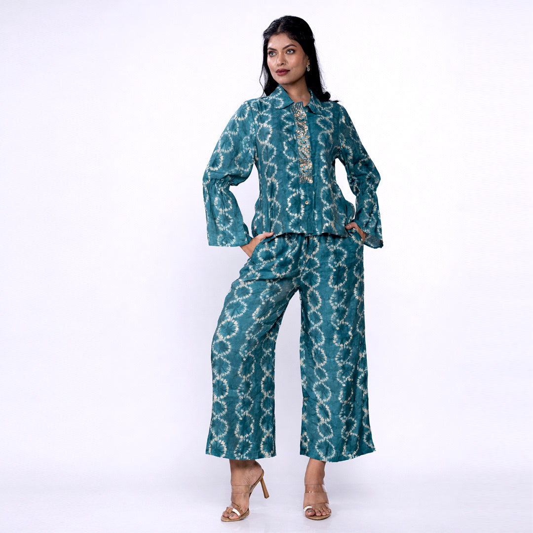 Printed Cotton Co-ord Set | Embroidered Top with Wide-Leg Pants