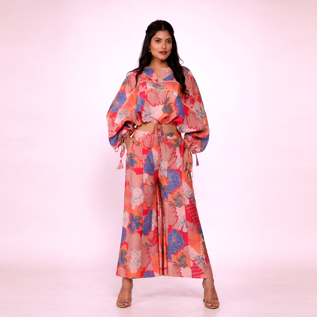 Floral Printed Cotton Co-ord Set for Women | Crop Top & Wide-Leg Palazzo Pants