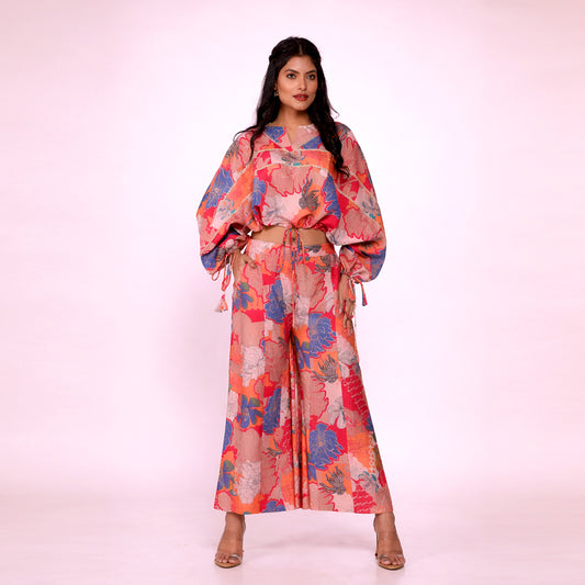 Floral Printed Cotton Co-ord Set for Women | Crop Top & Wide-Leg Palazzo Pants