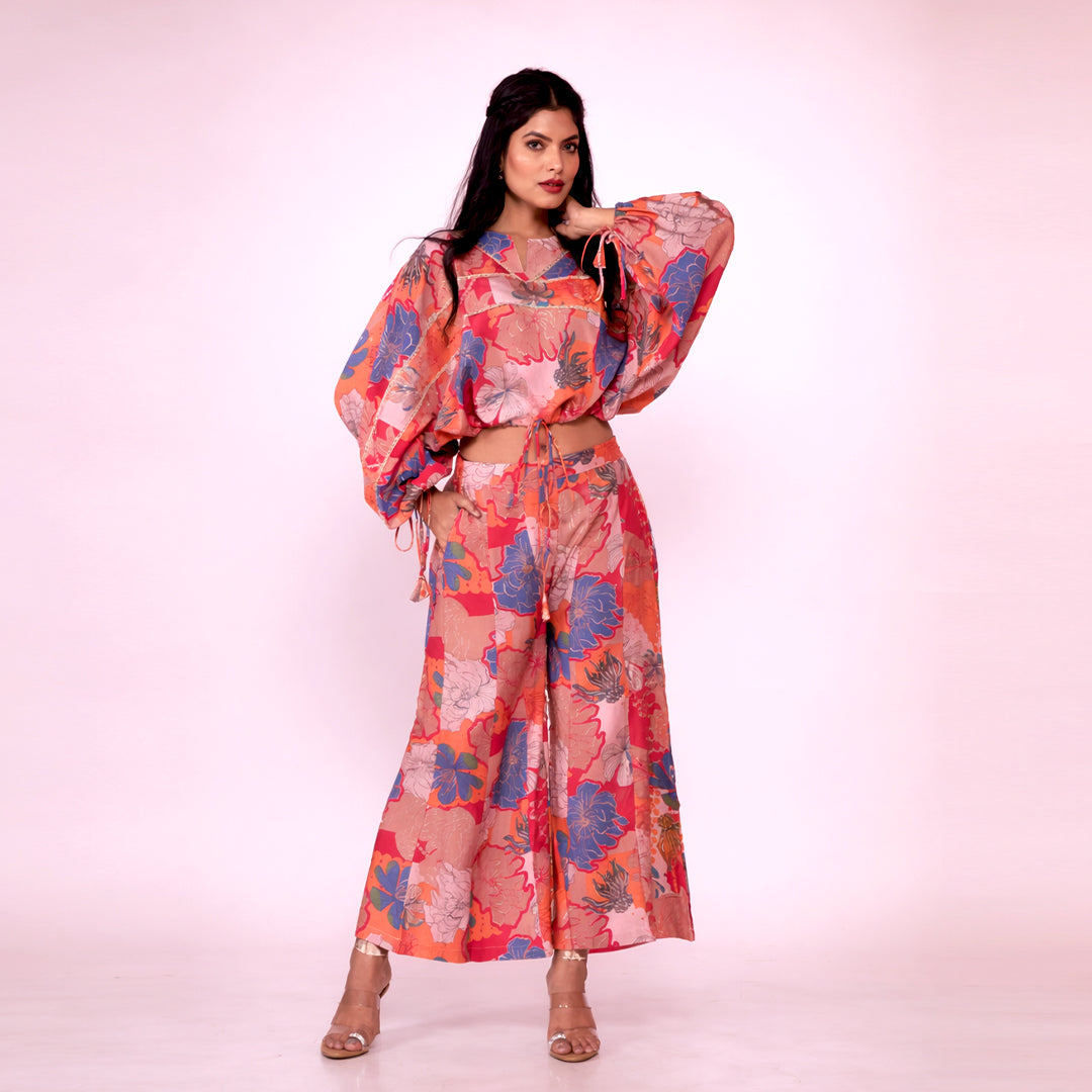 Floral Printed Cotton Co-ord Set for Women | Crop Top & Wide-Leg Palazzo Pants
