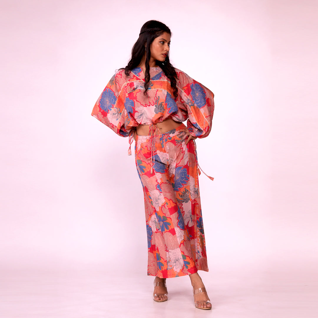 Floral Printed Cotton Co-ord Set for Women | Crop Top & Wide-Leg Palazzo Pants