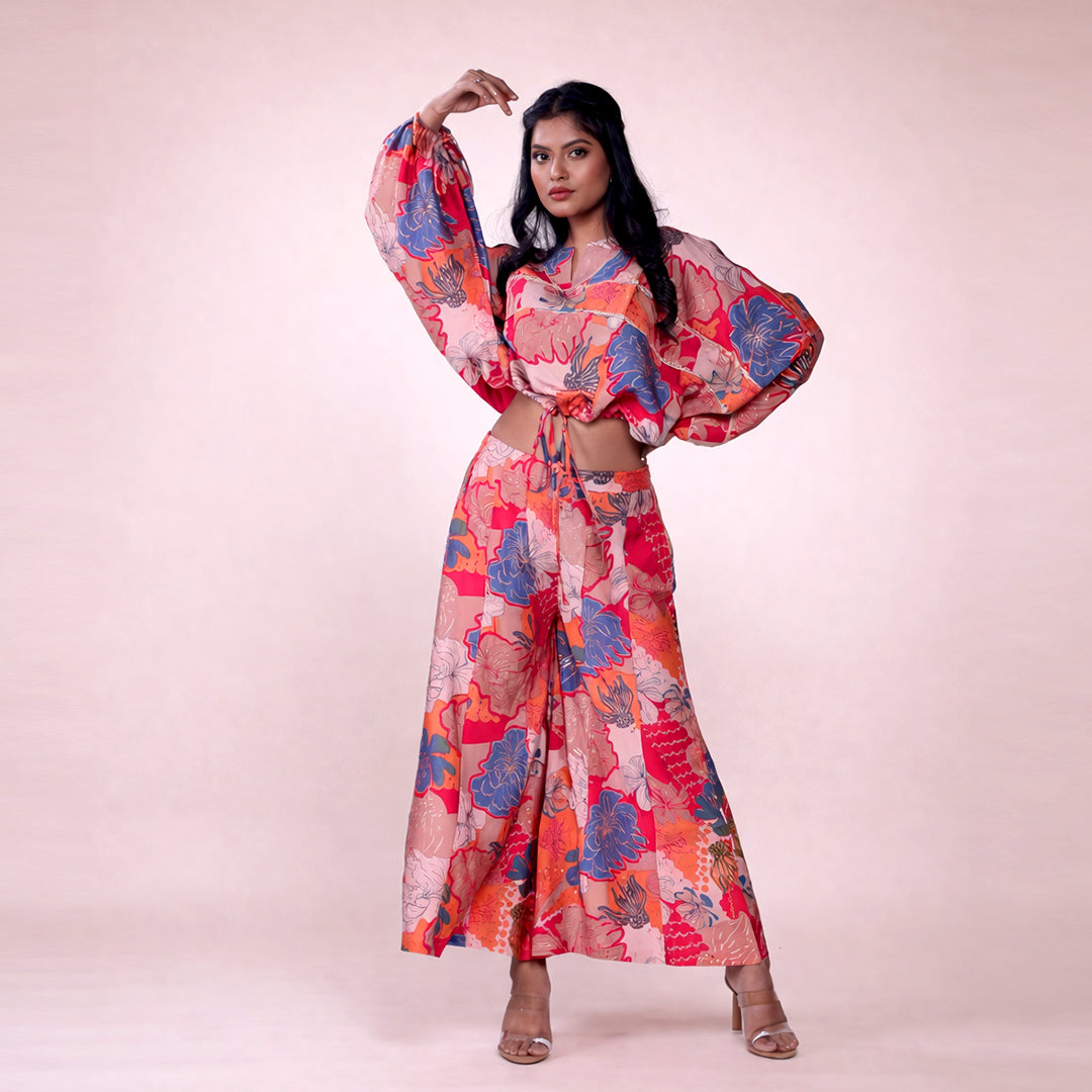 Floral Printed Cotton Co-ord Set for Women | Crop Top & Wide-Leg Palazzo Pants
