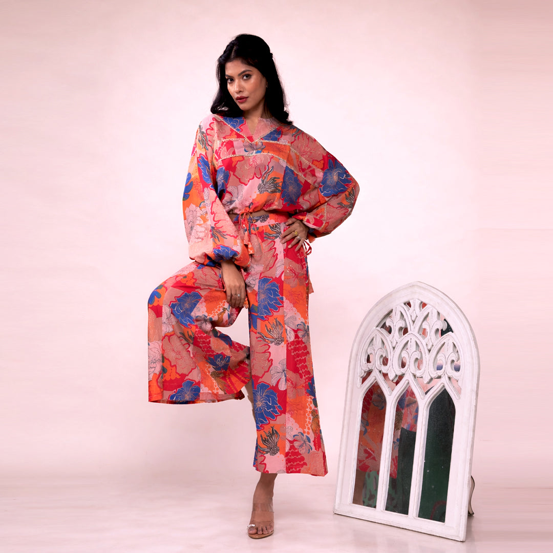 Floral Printed Cotton Co-ord Set for Women | Crop Top & Wide-Leg Palazzo Pants