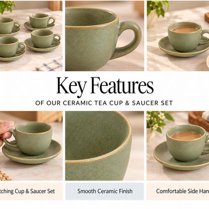 Ceramic Cup & Saucer Set in Sage Green Colour with Golden Rim
