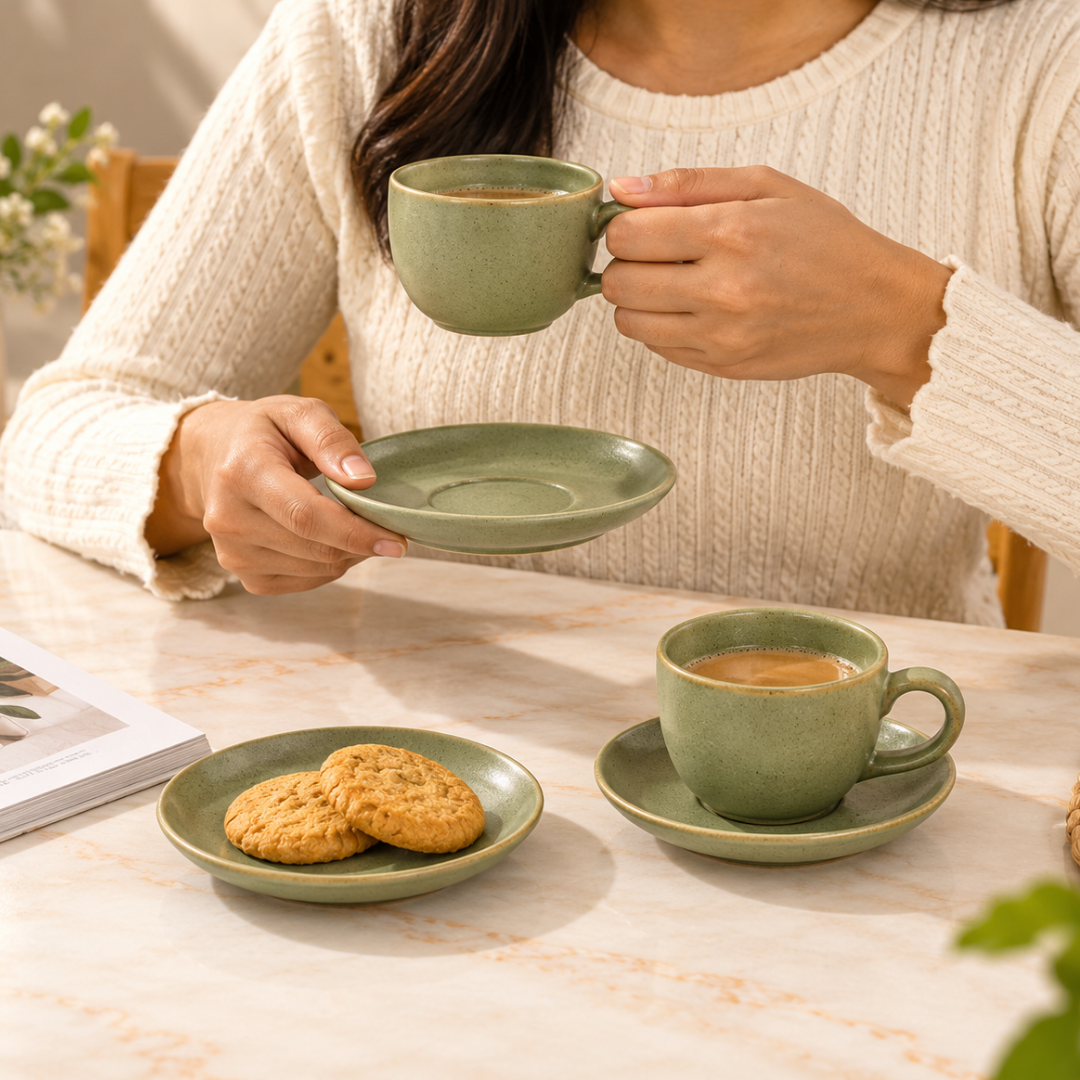 Ceramic Cup & Saucer Set in Sage Green Colour with Golden Rim