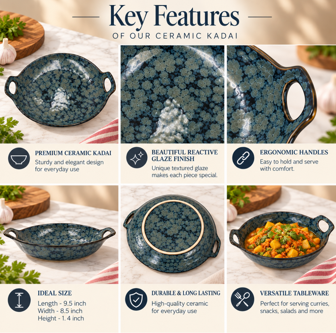 Teal Blue Floral Ceramic Serving Tray With Handles