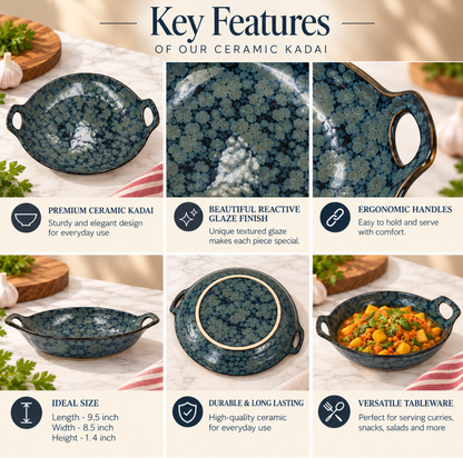 Teal Blue Floral Ceramic Serving Tray With Handles