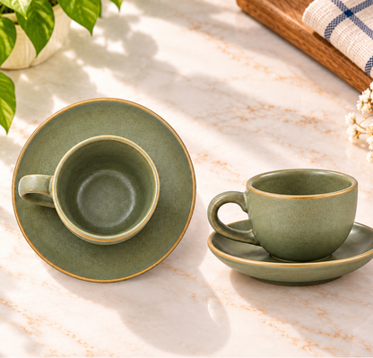 Ceramic Cup & Saucer Set in Sage Green Colour with Golden Rim