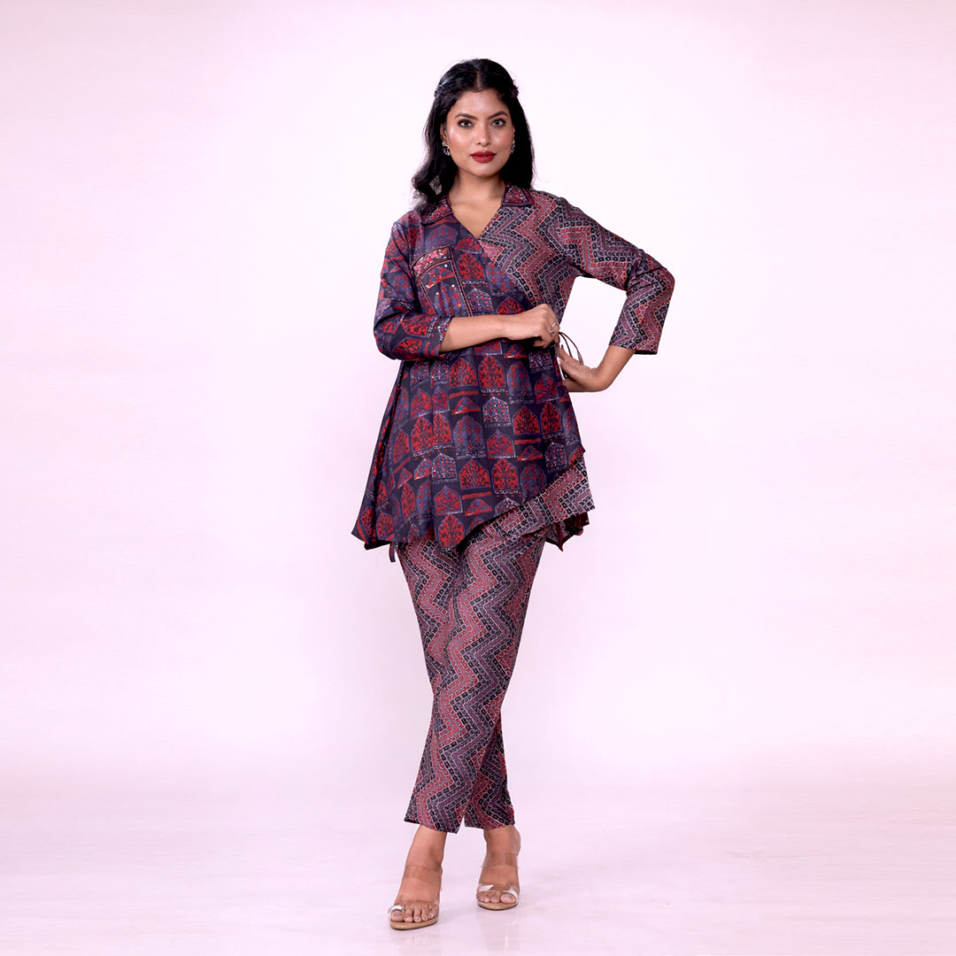 Cotton Printed Kurta & Pant Co-ord Set for Women | Asymmetrical Ethnic Co-ord Set