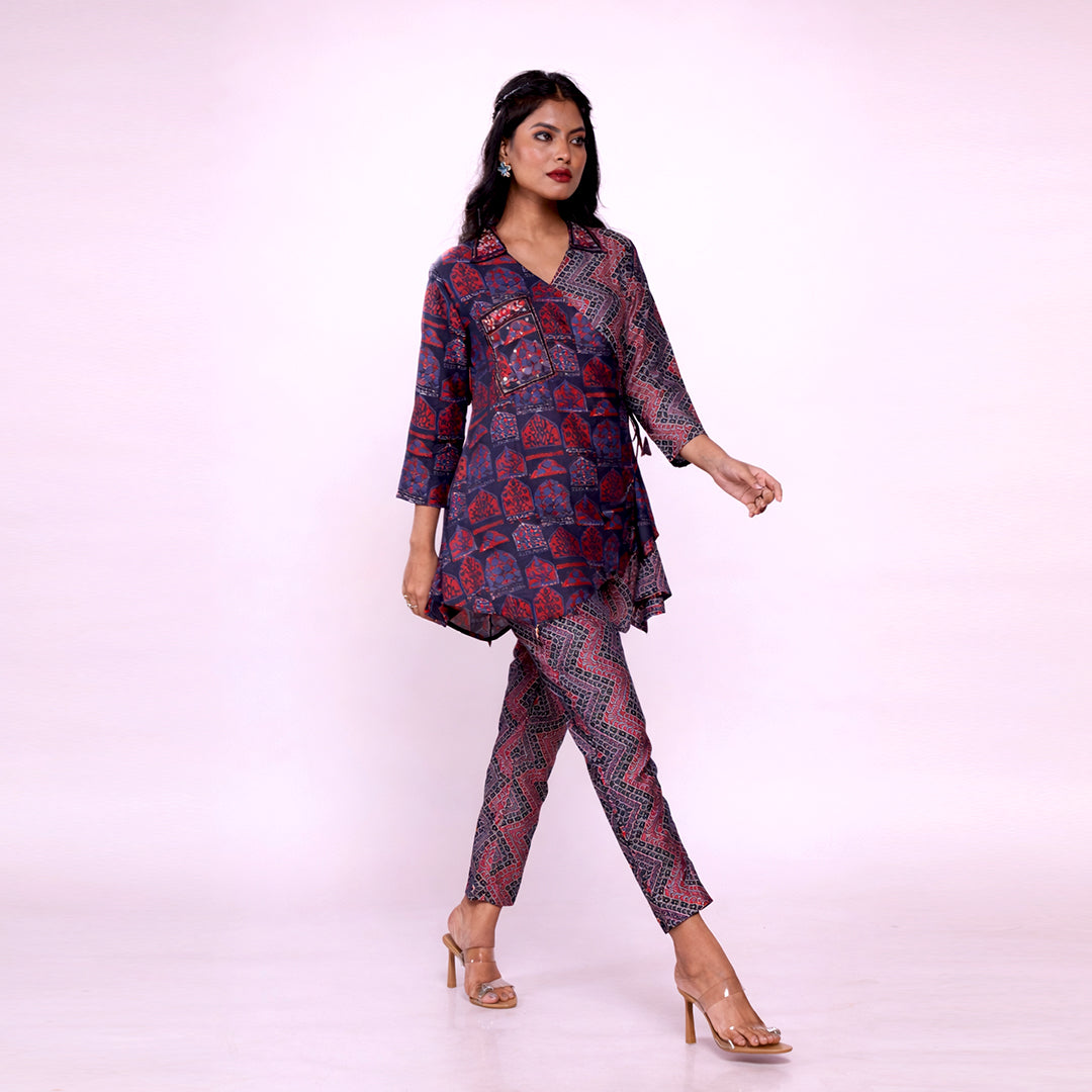 Cotton Printed Kurta & Pant Co-ord Set for Women | Asymmetrical Ethnic Co-ord Set