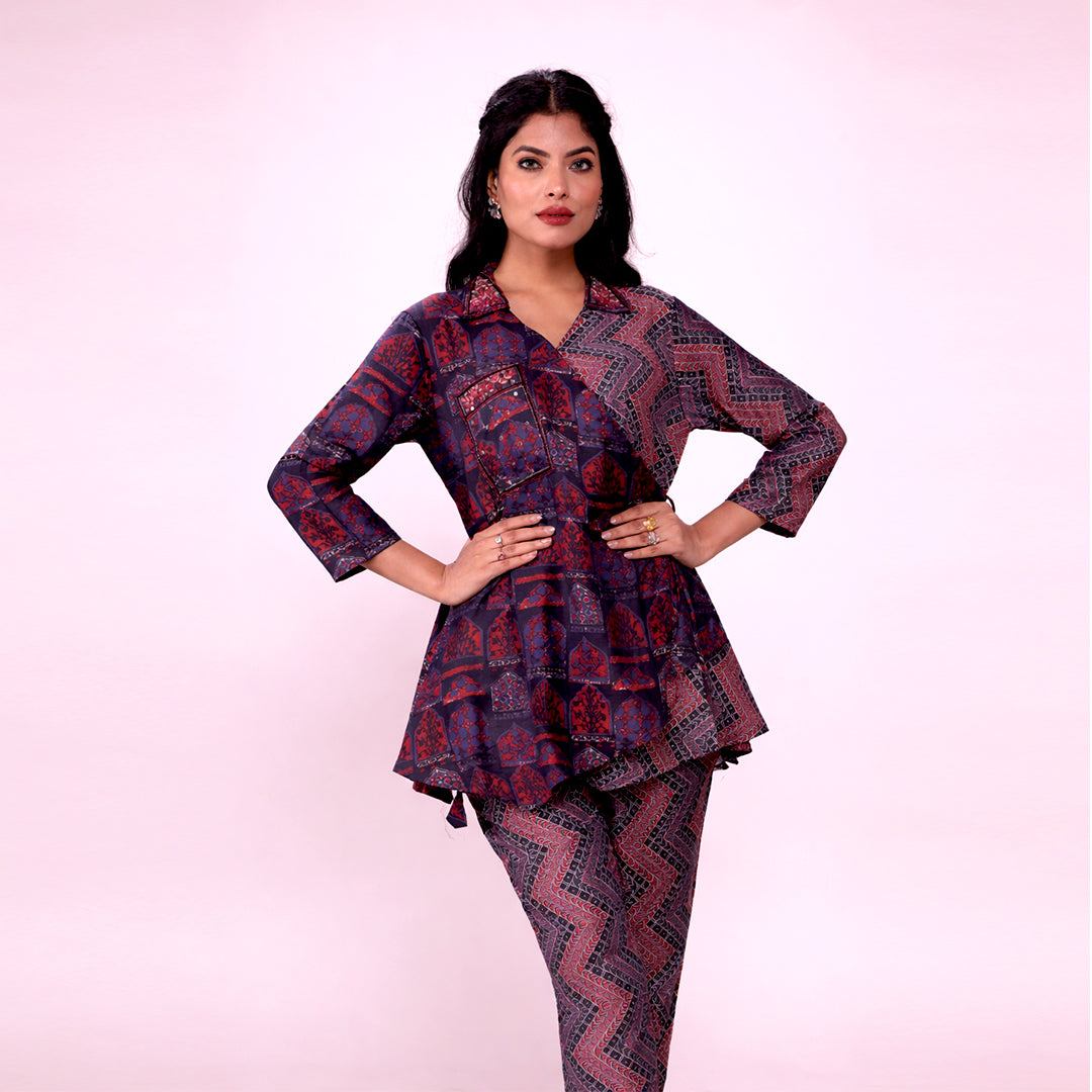 Cotton Printed Kurta & Pant Co-ord Set for Women | Asymmetrical Ethnic Co-ord Set