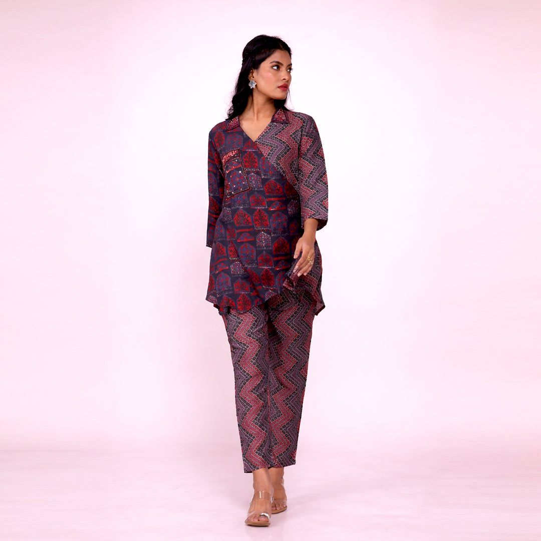 Cotton Printed Kurta & Pant Co-ord Set for Women | Asymmetrical Ethnic Co-ord Set