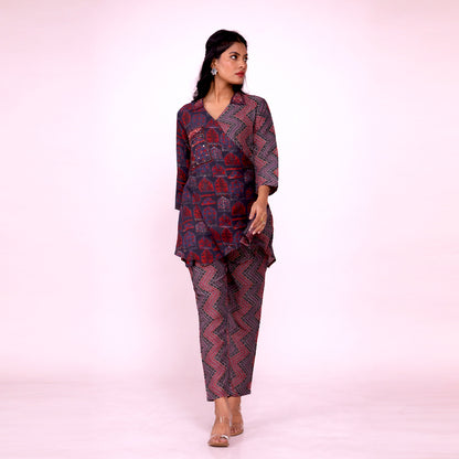 Cotton Printed Kurta & Pant Co-ord Set for Women | Asymmetrical Ethnic Co-ord Set