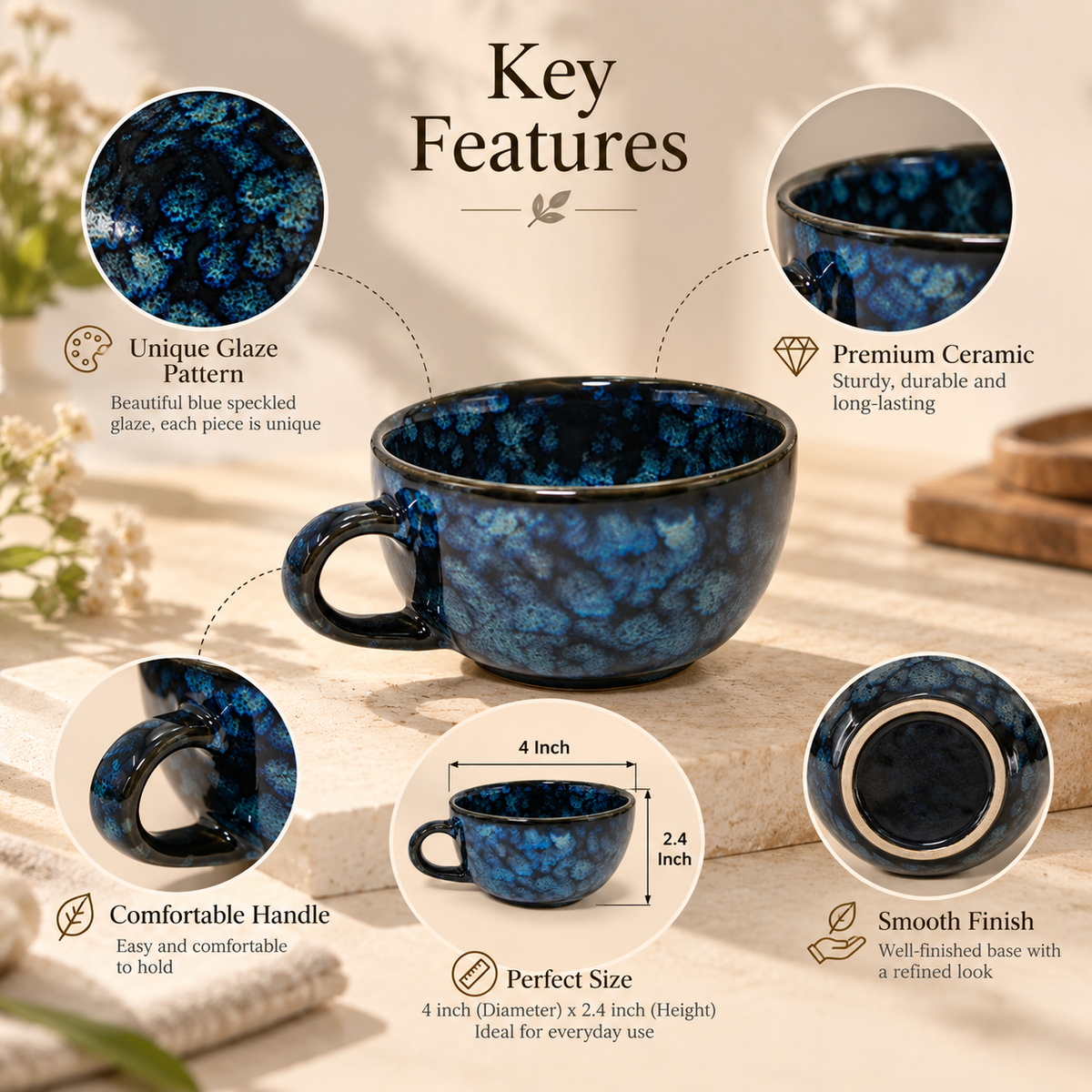 Handcrafted Ceramic Tea Cup in Deep Blue
