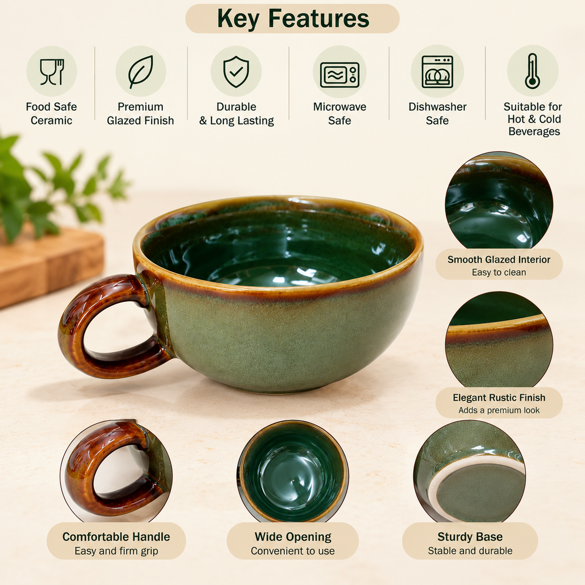 Handcrafted Ceramic Cups Set of 2 in Olive Green with Deep Green colour