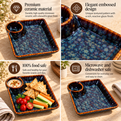 Handcrafted Ceramic Serving Tray with Dip Bowl in Blue & Brown Colour
