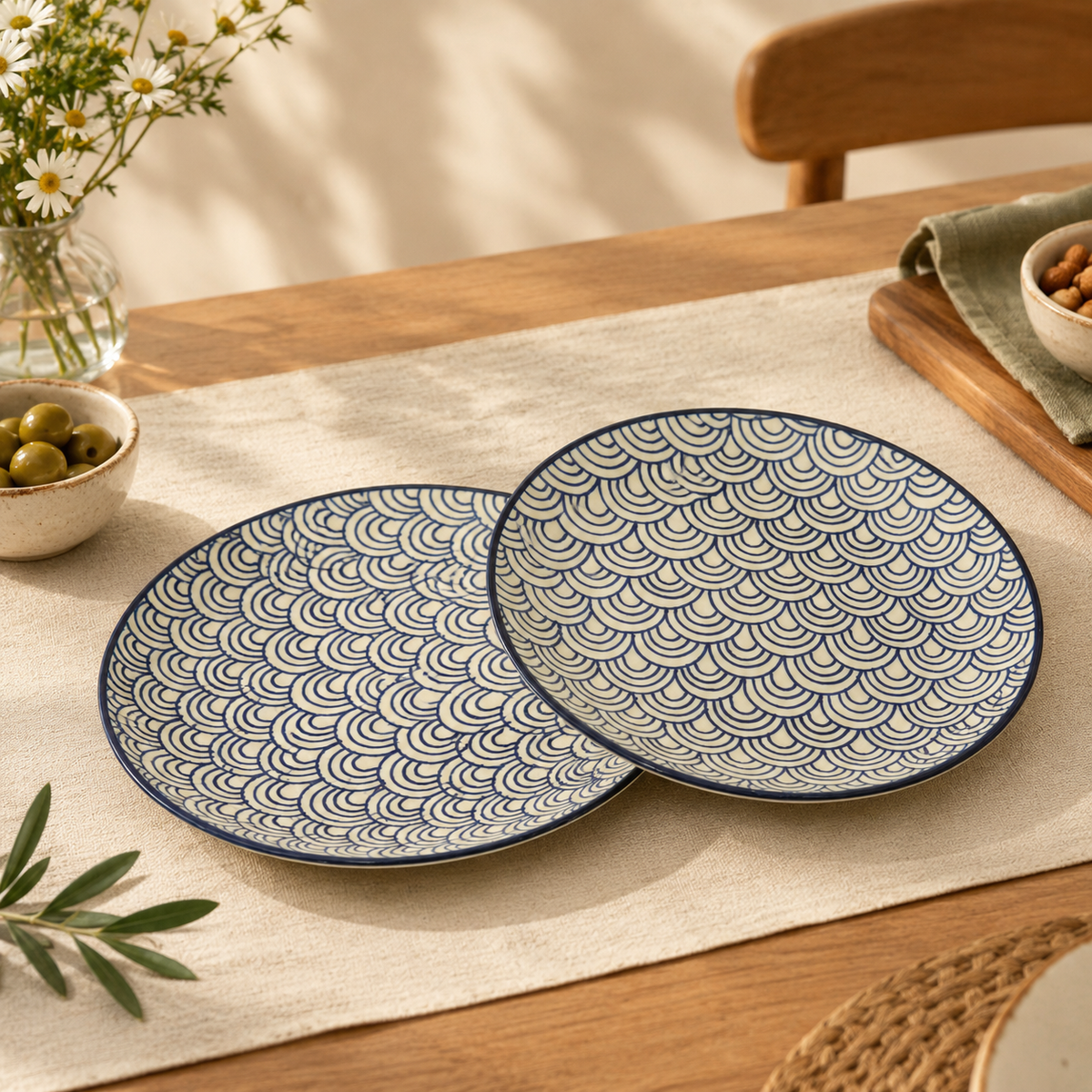 Blue Wave Pattern Ceramic Dinner Plates – Set of 3