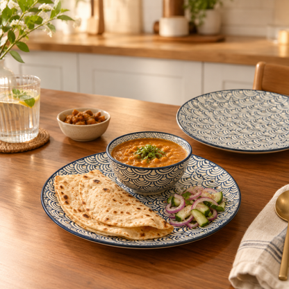 Blue Wave Pattern Ceramic Dinner Plates – Set of 3