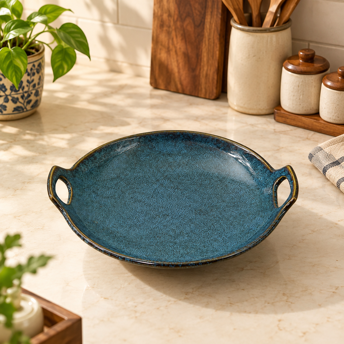 Teal Blue Textured Serving Tray With Handles
