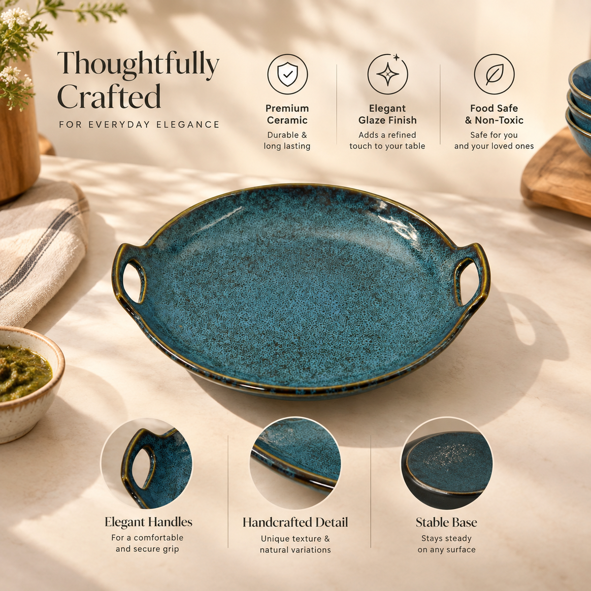 Teal Blue Textured Serving Tray With Handles