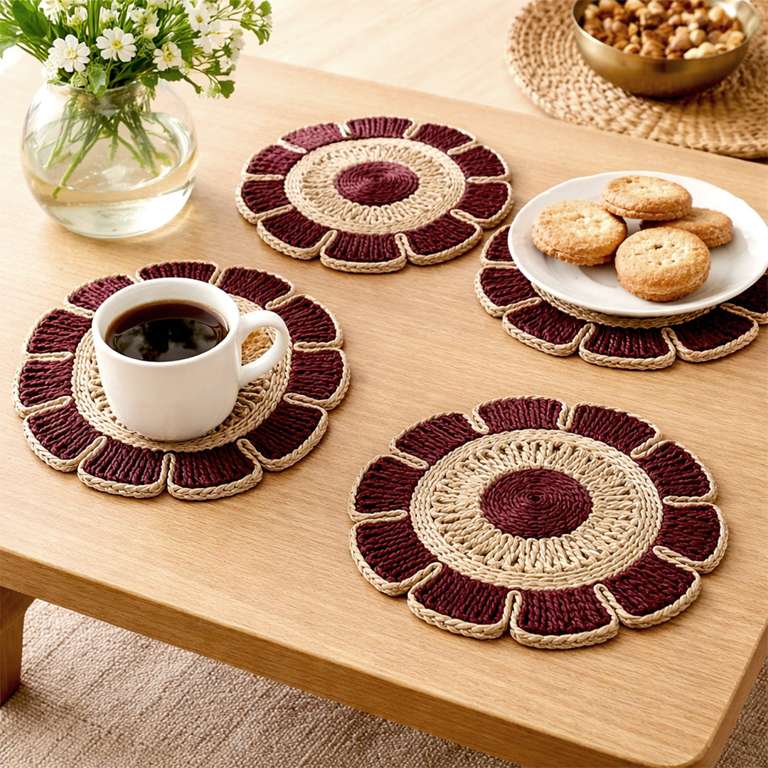Handcrafted Jute Coaster Set of 4 – Floral Design Table Mats I Mug Rugs I 8 Inch
