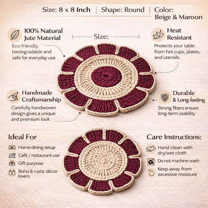 Handcrafted Jute Coaster Set of 4 – Floral Design Table Mats I Mug Rugs I 8 Inch