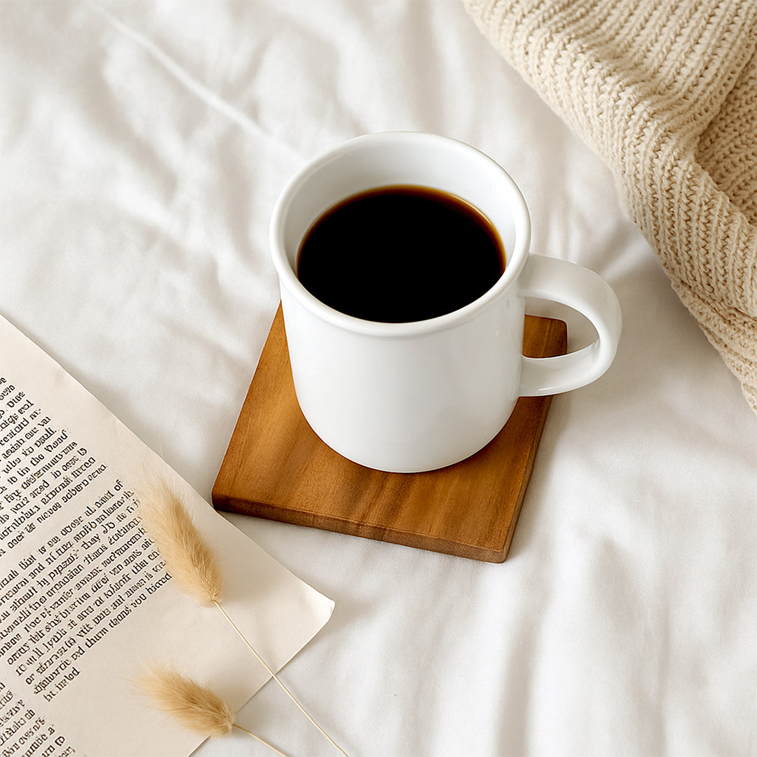 Mahogany Mist Coaster - Lifestyle Image of Mahogany Mist Coaster with coffee mug