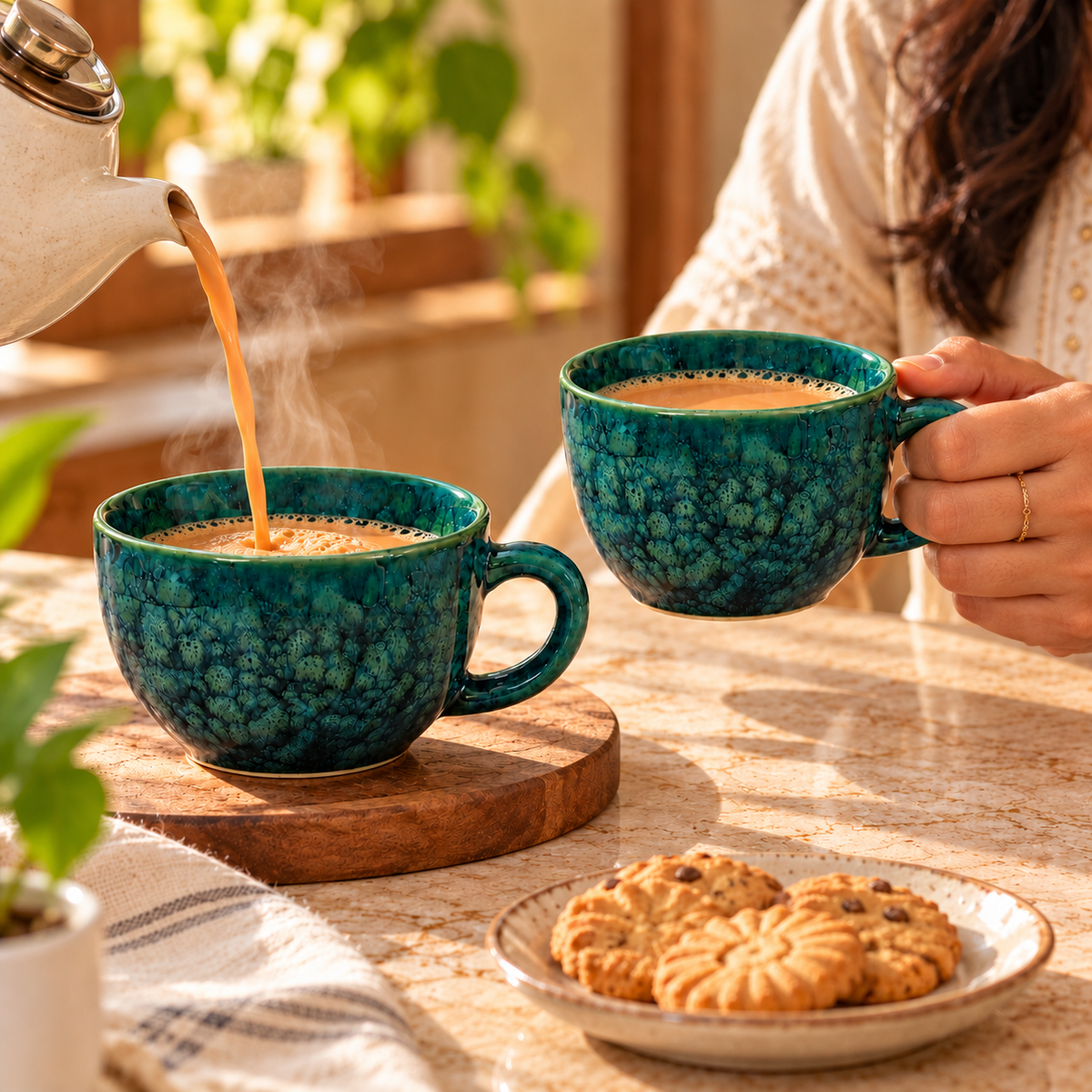 Handcrafted Ceramic Coffee Cups Set of 2 in Teal Green Colour