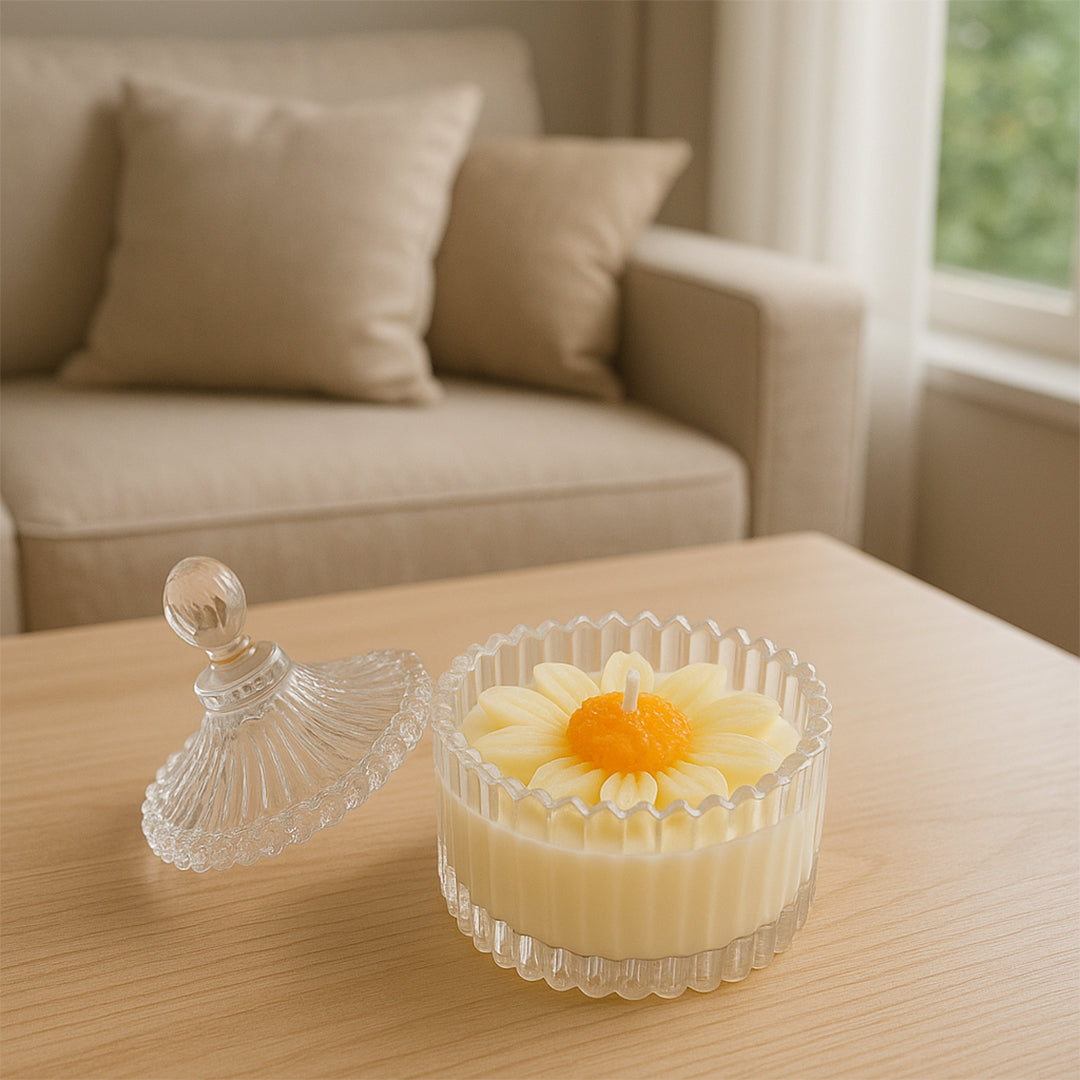 Royal Daisy Scented Candle - Lifestyle Image of Royal Daisy scented candle on a Table