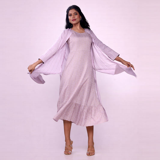 Women's Lilac Chanderi Midi Dress with Shrug | 2-Piece Flared Ethnic Dress Set | Casual, Festive & Party Wear