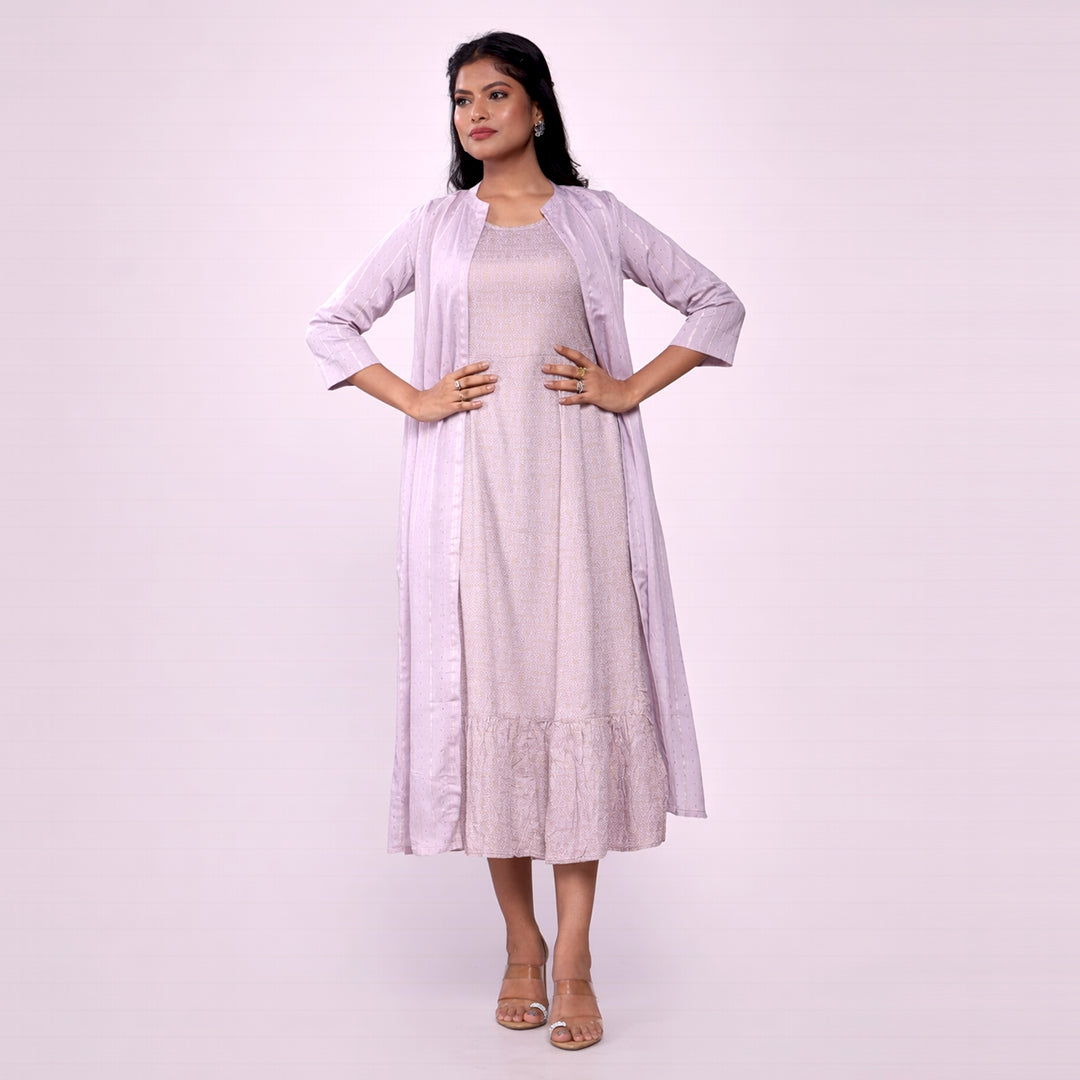 Women's Lilac Chanderi Midi Dress with Shrug | 2-Piece Flared Ethnic Dress Set | Casual, Festive & Party Wear