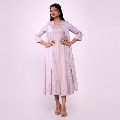 Women's Lilac Chanderi Midi Dress with Shrug | 2-Piece Flared Ethnic Dress Set | Casual, Festive & Party Wear